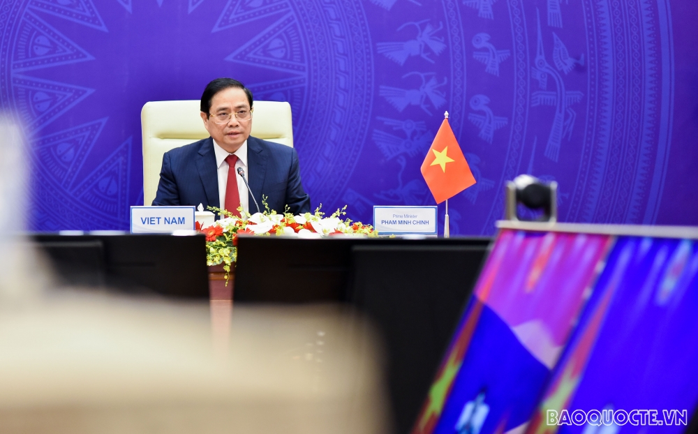 Thủ tướng Chính phủ Phạm Minh Chính phát biểu tại Hội nghị Tương lai châu Á lần thứ 26 diễn ra theo hình thức trực tuyến. (Ảnh: Báo TG&VN)